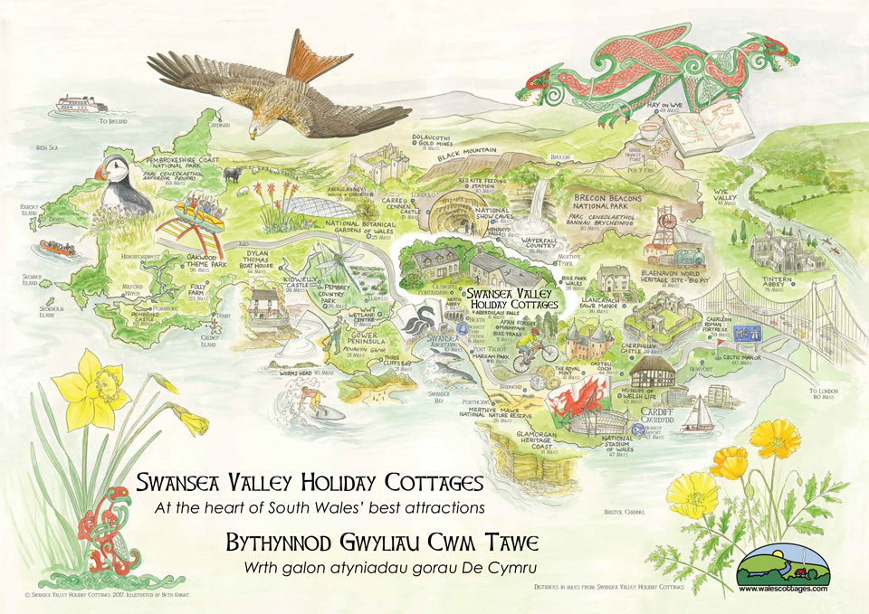 South Wales Attractions Map for Tourists | www.walescottages.com